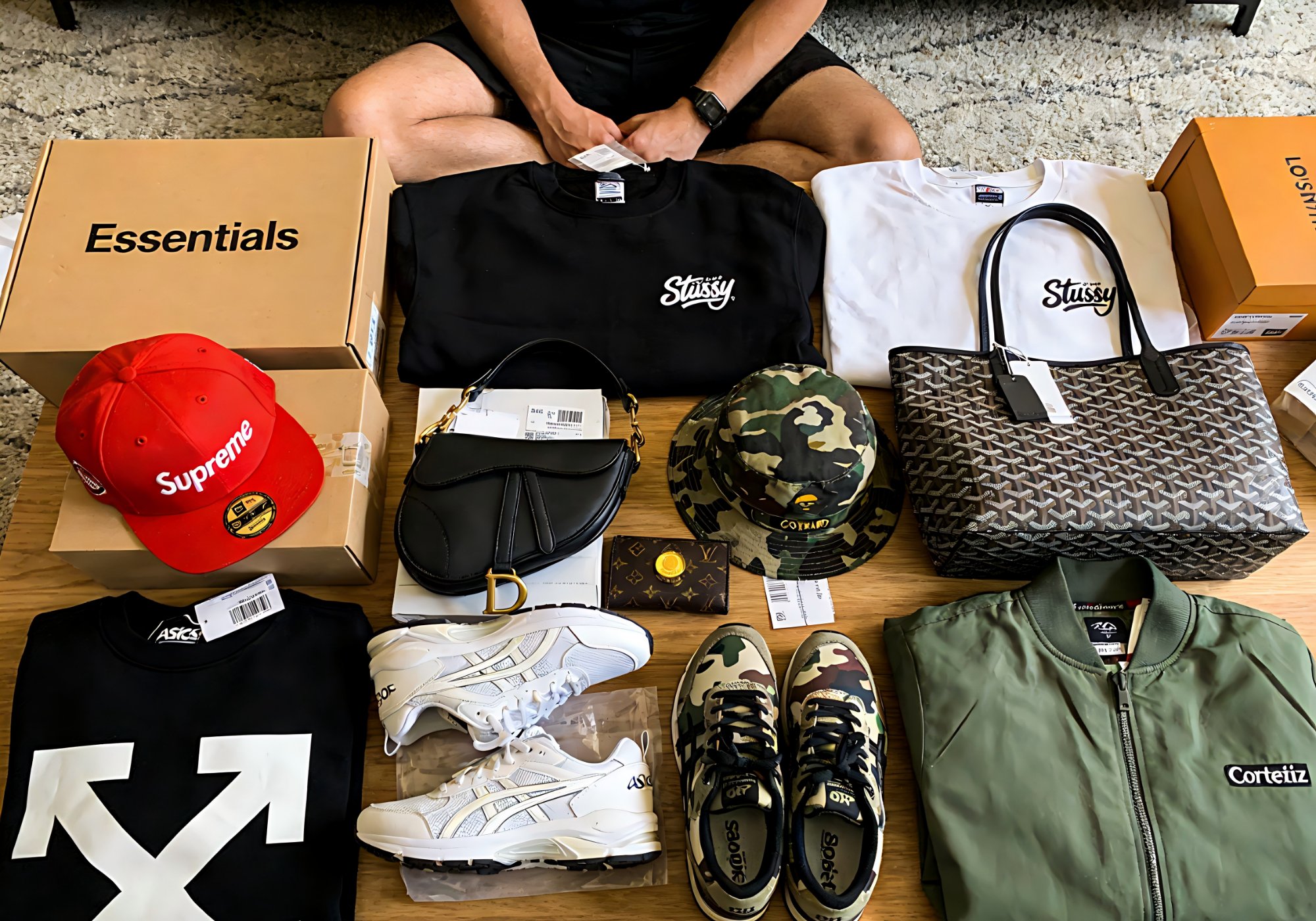 Replica wear 2026 — designer rep clothing flat-lay